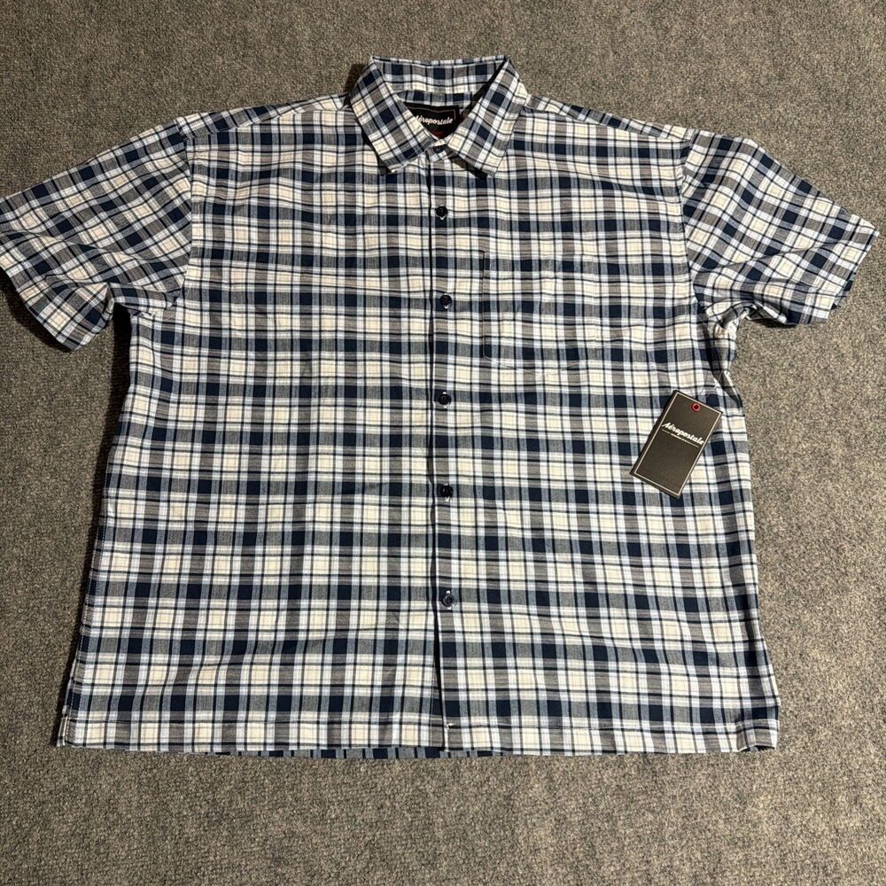 NEW Aeropostale Shirt Mens Large Blue Plaid Boxt Fit Button Front Short Sleeve